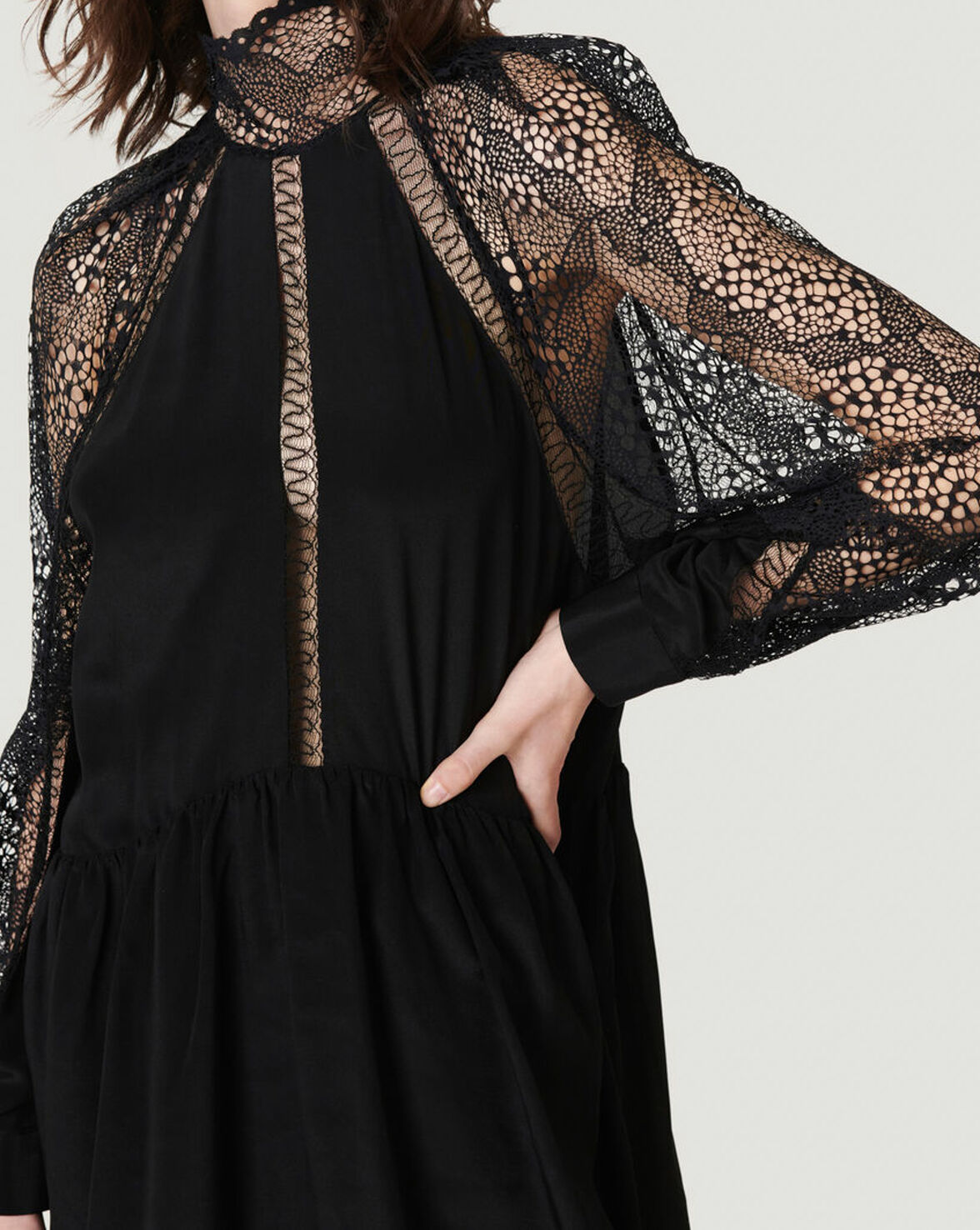 DEORRO LACE PUFF SLEEVE HIGH NECK MINI DRESS image number null